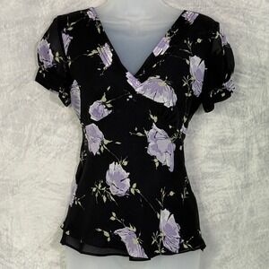 Vtg y2k 100% Silk ANN TAYLOR Babydoll Top Sz 4 purple dark floral fairy dainty